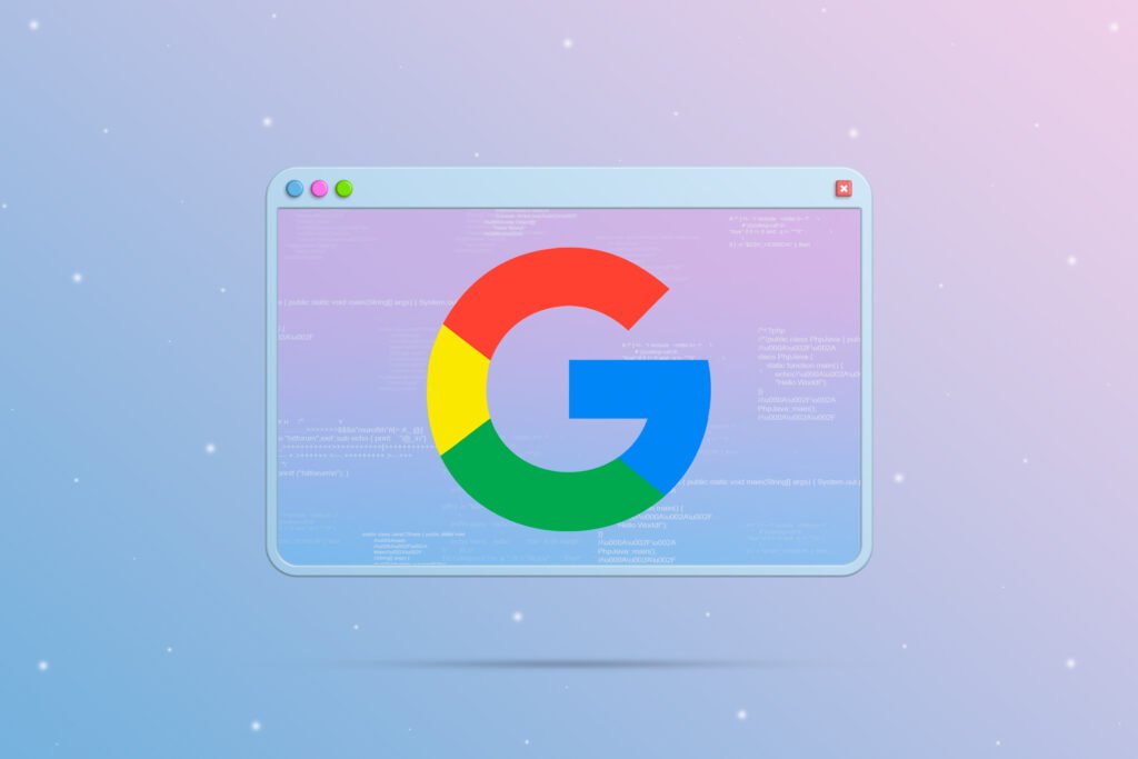Logotipo do Google em destaque central dentro de uma janela de navegador 3D com fundo gradiente azul e rosa, contendo trechos de códigos de programação ao fundo.