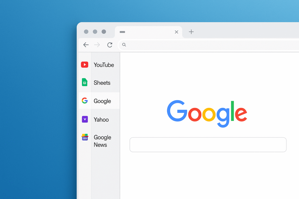 Interface do Google Chrome exibindo abas verticais na lateral esquerda com ícones de sites como YouTube, Google Sheets, Google, Yahoo e Google News, sobre fundo azul degradê — destaque para o recurso de abas verticais em teste no navegador.