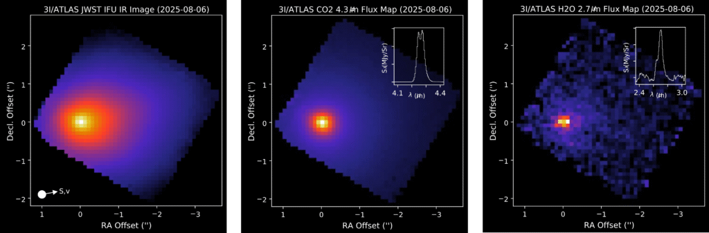 Imagem do cometa 3I/ATLAS capturada pelo James Webb, revelando detalhes do maior cometa interestelar já observado e sua composição rica em CO₂ e água.