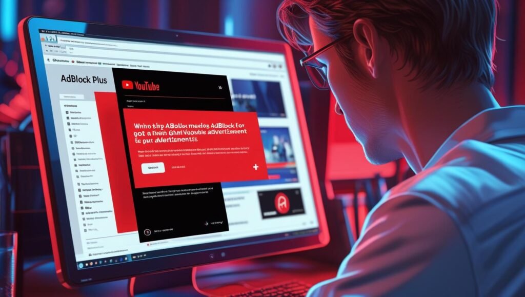 Tela do YouTube no navegador Chrome exibindo aviso de bloqueio do Adblock Plus, com ícone de proibição e interface moderna.