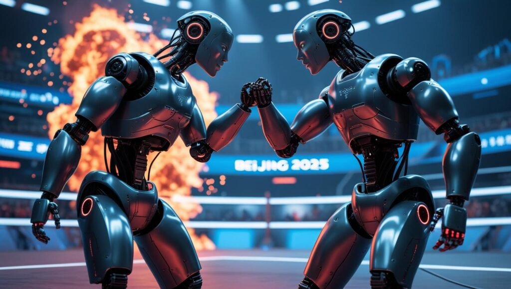 Robôs humanoides competindo em desafios épicos nas Olimpíadas de Robôs Humanoides Beijing 2025, com inteligência artificial e tecnologia futurista revolucionando corridas, lutas e inovação robótica.