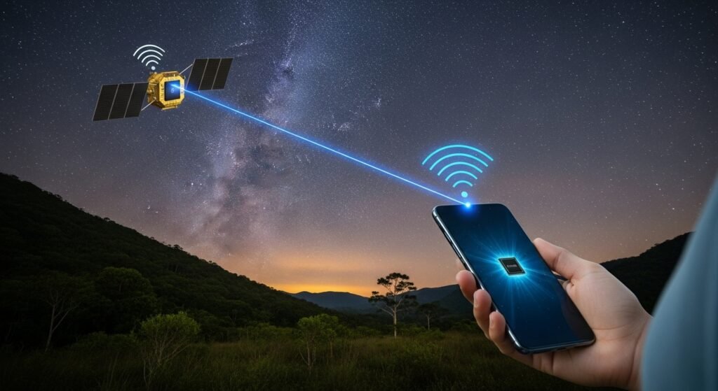 Imagem mostra um satélite no espaço transmitindo sinal direto para um smartphone na Terra, simbolizando a tecnologia do chip Starlink para celular que promete conexão via satélite em áreas rurais e remotas, sem depender de torres de telefonia.