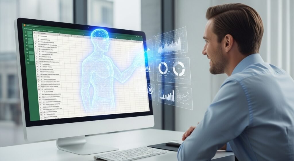 Imagem mostrando uma IA criando gráficos automaticamente em uma planilha do Excel, demonstrando como a IA para Excel aumenta a produtividade no trabalho.