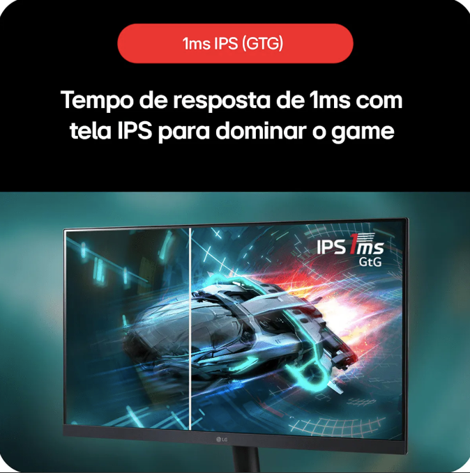Monitor gamer LG UltraGear 27 exibindo comparação de desempenho com tecnologia IPS e tempo de resposta de 1ms GTG, destacando maior nitidez e velocidade para jogos.
