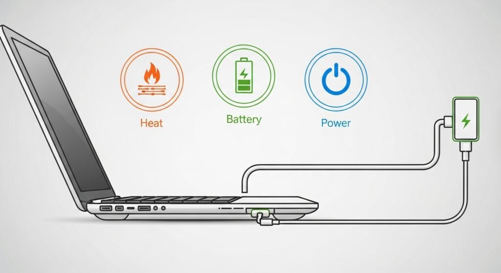 Close em um notebook ligado e carregando na tomada, com o indicador de bateria aceso, ilustrando o tema pode usar o notebook carregando em ambiente seguro e moderno.