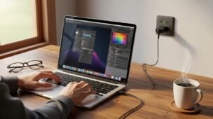 pode-usar-o-notebook-carregando-durante-o-uso Notebook moderno sendo usado enquanto carrega na tomada sobre uma mesa de madeira, representando o uso seguro do notebook enquanto está conectado à energia.