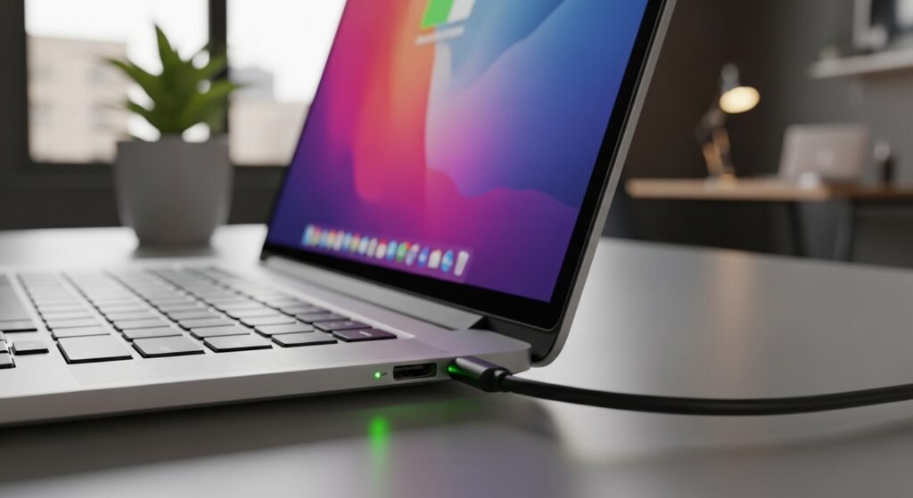 Ilustração mostrando um notebook conectado ao carregador com ícones de bateria e energia, explicando visualmente se pode usar o notebook carregando com segurança.