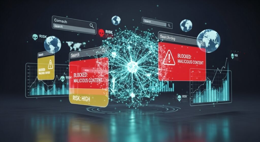 Painéis digitais exibem alertas vermelhos e amarelos de “Blocked: Malicious Content” e “Risk: High”, cercando uma grande estrutura luminosa que representa uma rede neural. Gráficos, globos terrestres e ícones de risco reforçam o tema de segurança digital, análise de ameaças e bloqueio automatizado de buscas perigosas.