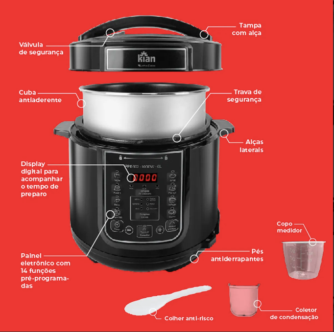 Panela de Pressão Elétrica Kian PPE-102 destacando suas partes: tampa com alça, válvula de segurança, cuba antiaderente, trava de segurança, alças laterais, display digital, painel eletrônico com 14 funções, pés antiderrapantes, colher anti-risco, copo medidor e coletor de condensação.