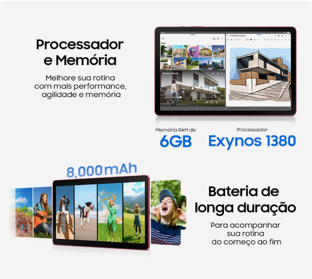 Galaxy Tab S10 Lite destacando processador Exynos 1380, 6GB de memória RAM e bateria de 8.000mAh para longa duração no uso diário.