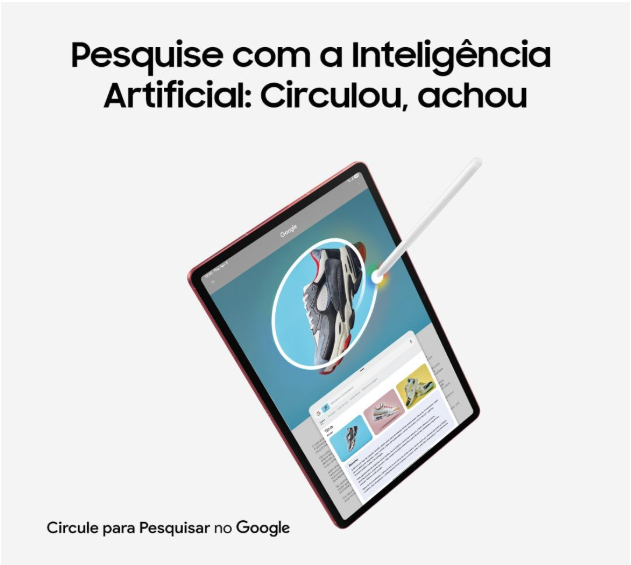 Galaxy Tab S10 Lite mostrando o recurso de pesquisa com inteligência artificial “Circule para Pesquisar”, usando a caneta para identificar um tênis na tela e buscar informações no Google.