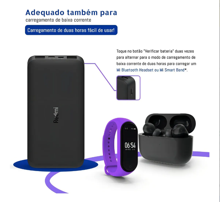 Power bank Xiaomi 10000mAh com modo de carregamento de baixa corrente, indicado para smartband e fones Bluetooth, ativado pelo botão de verificação de bateria.
