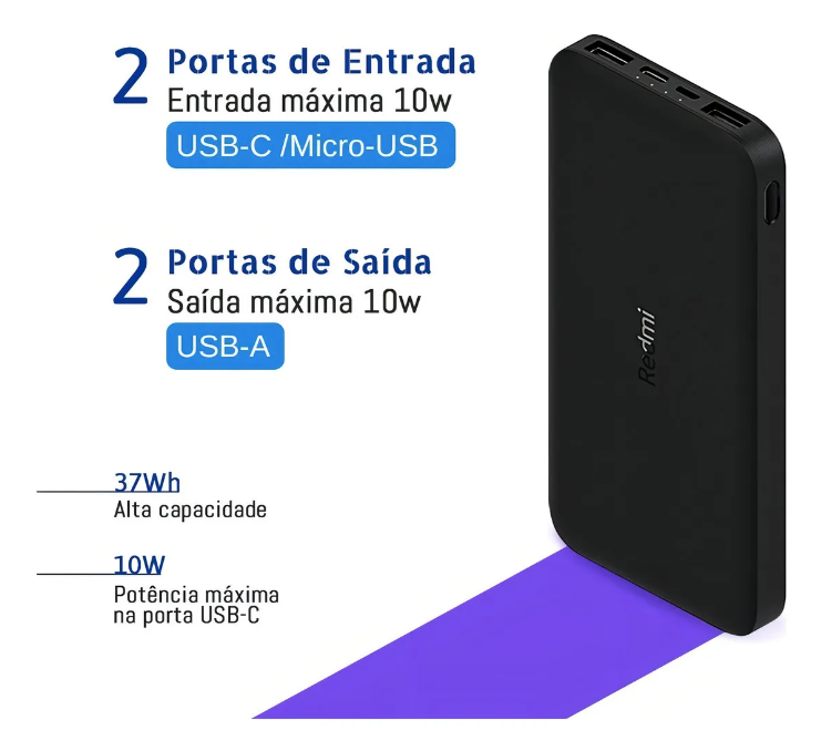 Power bank Xiaomi 10000mAh com 2 portas de entrada USB-C e Micro-USB, 2 portas de saída USB-A, potência máxima de 10W e capacidade de 37Wh, design compacto e portátil.
