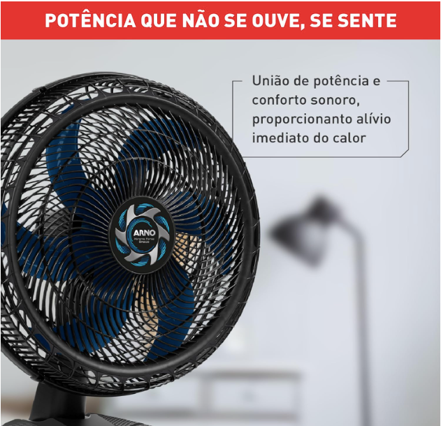 Ventilador de mesa Arno Turbo Silence preto, com hélices azuis, destacando potência silenciosa e conforto térmico em ambiente interno.