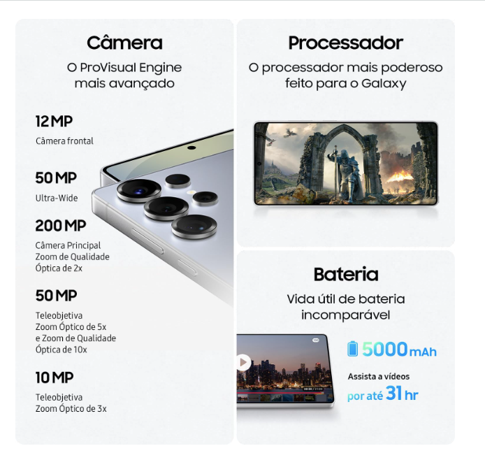  O Samsung Galaxy S25 Ultra se destaca como um dos celulares com as melhores câmeras em 2026 quando o foco é fotografia versátil.