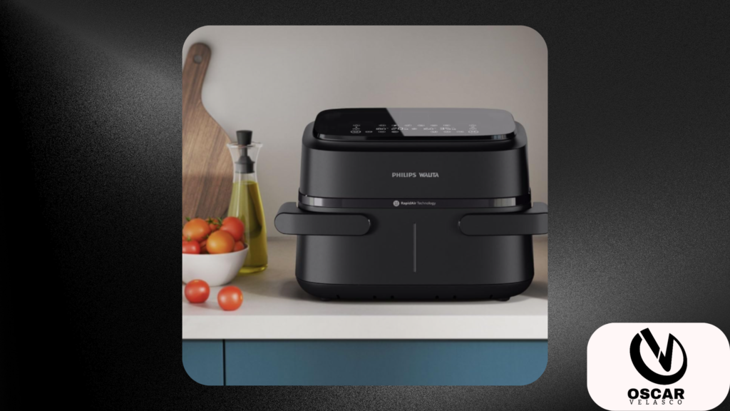 Air fryer Philips Walita série 100 em bancada de cozinha moderna, com design preto, painel digital e tecnologia RapidAir.