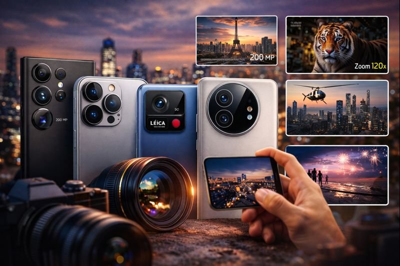 Imagem comparativa mostrando smartphones premium de 2026 com câmeras avançadas, destacando recursos como sensor de 200 MP, zoom potente, fotos noturnas e gravação de vídeo de alta qualidade em diferentes cenários urbanos.