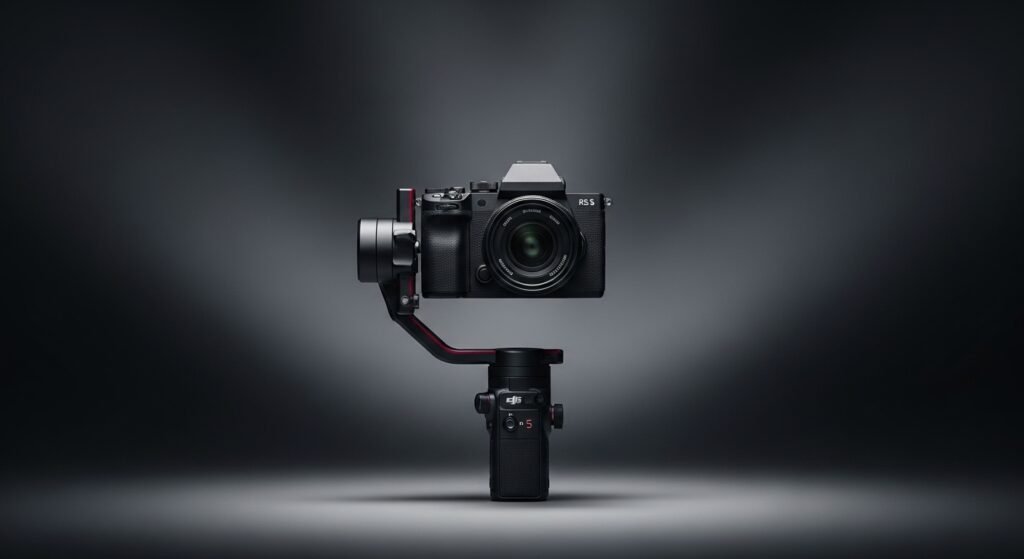 Gimbal DJI RS 5 com câmera mirrorless, design profissional e estabilização avançada em fundo minimalista