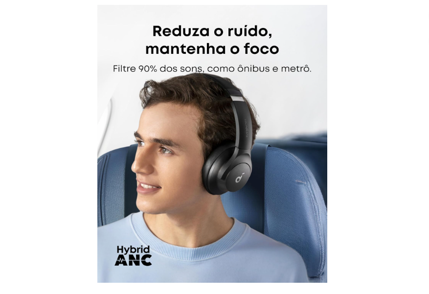 O Fone Q20i da Anker conta com tecnologia de cancelamento ativo de ruído híbrido