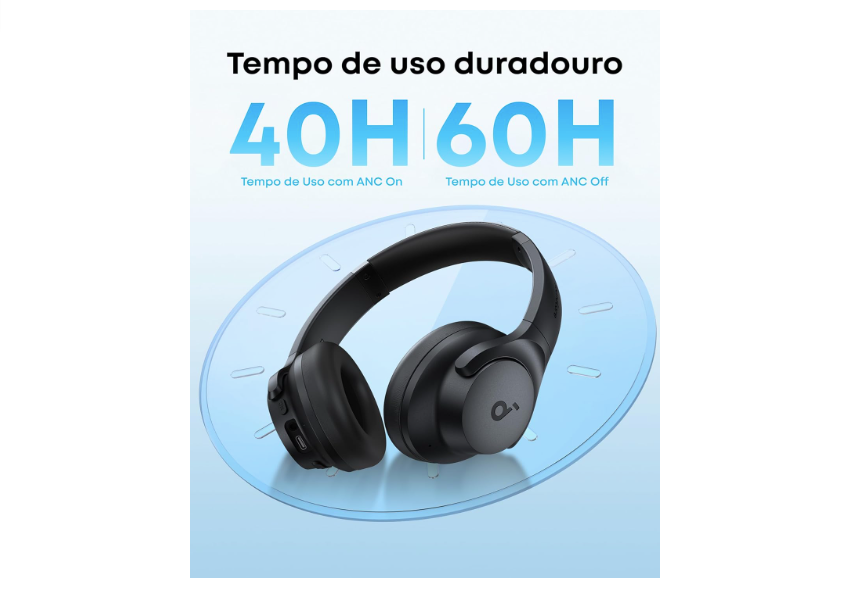 Com apenas 5 minutos de carga, o Fone Q20i da Anker entrega até 4 horas de reprodução, um recurso extremamente útil em situações de emergência.