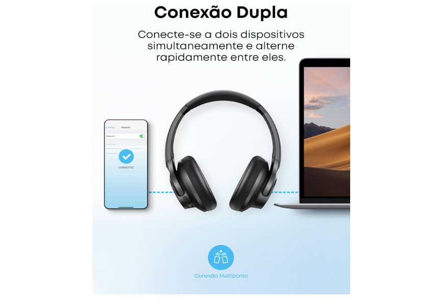 O Fone Q20i da Anker faz Conexões Simultâneas: Conecte-se a dois dispositivos com Bluetooth 5.3 e alterne instantaneamente. O áudio é reproduzido automaticamente do dispositivo necessário, sejam chamadas ou trabalho no notebook. A tecnologia Bluetooth 5.3 garante uma conexão mais estável, menor latência e menor consumo de energia.