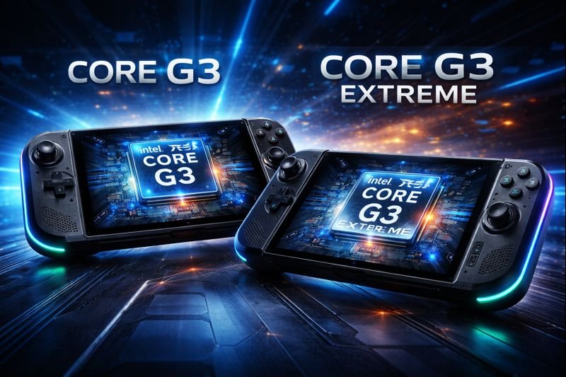 Imagem mostra dois consoles portáteis gamer exibindo os chips Core G3 e G3 Extreme da Intel, com foco em desempenho gráfico, arquitetura avançada e uso em handhelds de jogos.