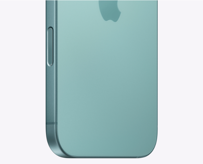 Detalhe do design traseiro do iPhone 16 na cor verde, mostrando o acabamento fosco, bordas arredondadas e botão lateral do aparelho.