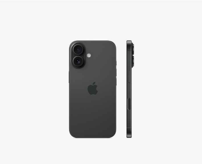 iPhone 16 na cor preta exibido em vista traseira e lateral, destacando o conjunto de câmeras duplas, o acabamento fosco e o perfil fino do smartphone.