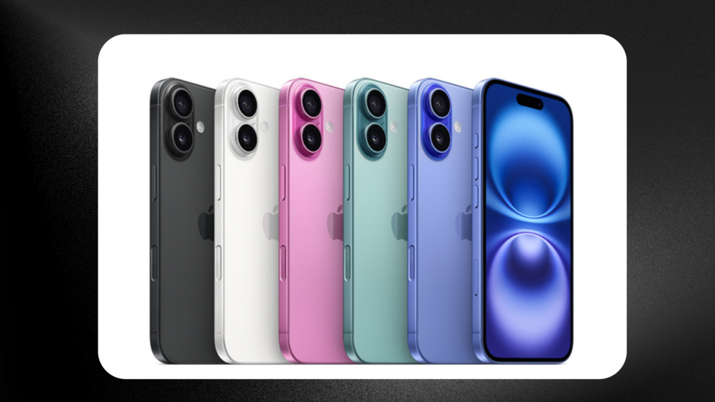 Linha de iPhones em diferentes cores exibindo o design traseiro com câmeras duplas e a parte frontal com tela ligada, destacando as opções de acabamento do modelo.