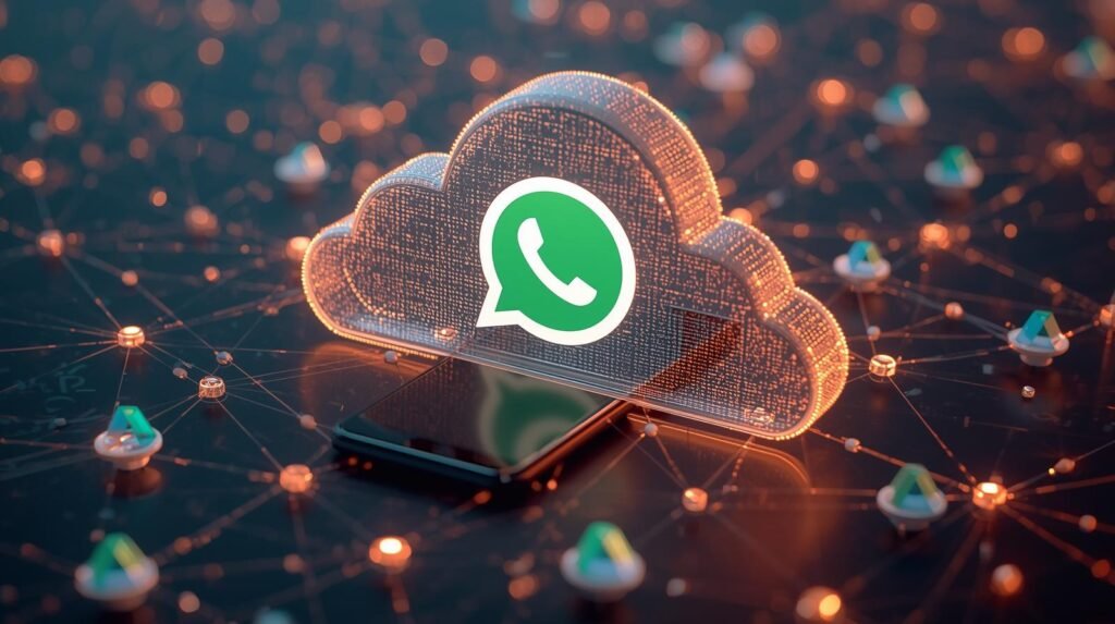 Ilustração digital do WhatsApp integrado à nuvem, representando as novas regras para grupos e histórico de mensagens em 2026, com foco em armazenamento, privacidade e sincronização de dados entre dispositivos.