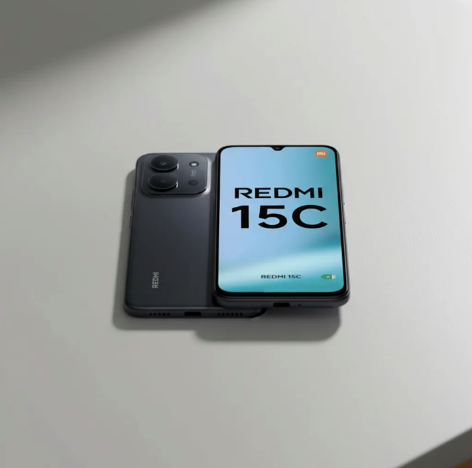 : Smartphone Xiaomi Redmi 15 na cor Midnight Black exibindo a tela frontal e o design traseiro elegante.