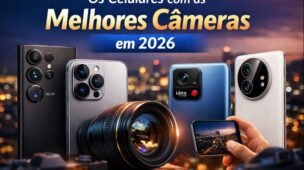 os-celulares-com-as-melhores-cameras-em-2026-capa.webp Imagem de capa mostrando smartphones premium de 2026 com câmeras avançadas, destacando iPhone, Samsung Galaxy, Xiaomi com lentes Leica e Huawei, ao lado de uma lente profissional e uma cena urbana noturna fotografada com celular.