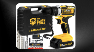 parafusadeira-e-furadeira-impacto-the-black-tools-21v.jpg Parafusadeira E Furadeira Impacto The Black Tools TB-21PW amarela e preta com bateria de 21V em destaque.