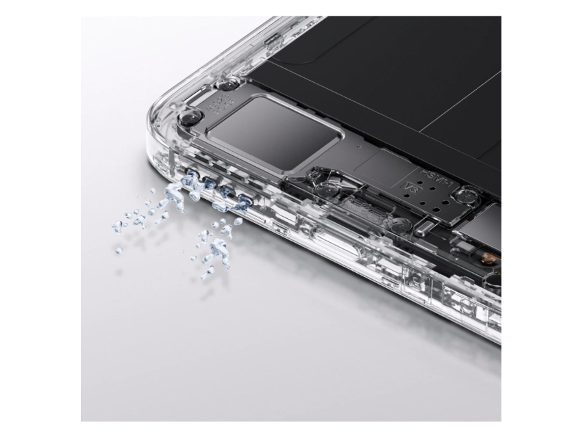 Detalhe interno do Realme C75 mostrando proteção contra água e vedação reforçada IP69