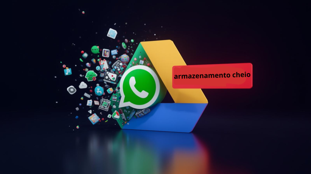 Ilustração mostra o ícone do WhatsApp conectado ao Google Drive com aviso de armazenamento cheio, representando a necessidade de limpar arquivos, conversas e backups para recuperar espaço no celular e na nuvem.