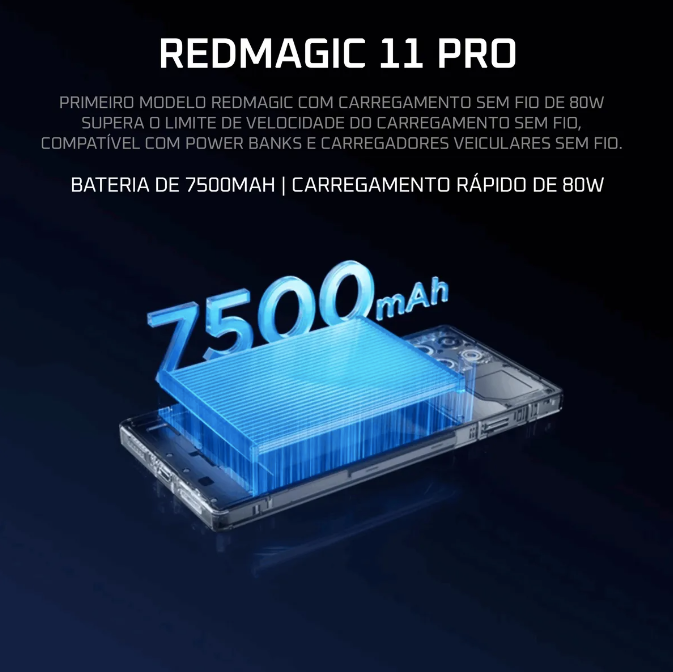 O RedMagic 11 Pro vem equipado com uma bateria de alta capacidade, pensada para longas sessões de uso