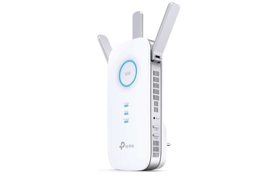 Repetidor de sinal Wi-Fi TP-Link RE450 branco, com três antenas externas ajustáveis, botão WPS iluminado em azul e indicadores de status, projetado para ampliar a cobertura da internet sem fio em residências.