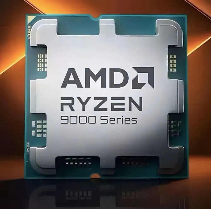 Processador AMD Ryzen série 9000 com logotipo AMD em destaque, CPU de alto desempenho da nova geração Ryzen