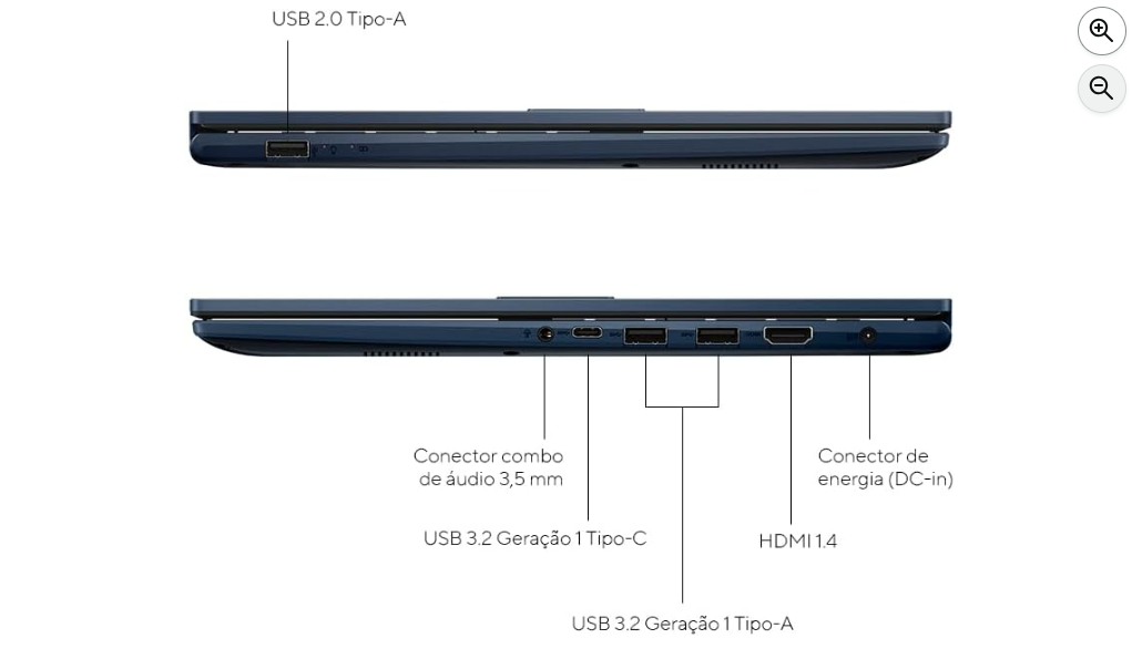 Laterais do Notebook ASUS Vivobook 15 destacando portas USB, HDMI, áudio 3,5 mm e conector de energia