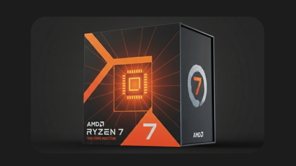 Embalagem do AMD Ryzen 7 em estilo tecnológico premium, com iluminação laranja e design minimalista, destacando um processador de alto desempenho voltado para jogos, criação de conteúdo e PCs avançados.