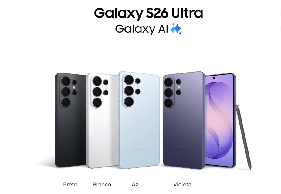 Samsung Galaxy S26 Ultra com Galaxy AI exibido em quatro cores (preto, branco, azul e violeta) ao lado da S Pen