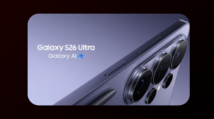 Samsung Galaxy S26 Ultra com Galaxy AI destacado, mostrando módulo de câmeras traseiras e design premium em close