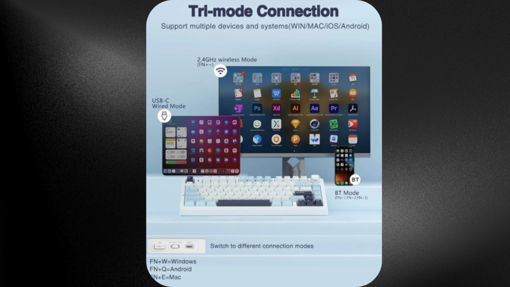 Teclado mecânico Aula F75 75% com conexão tri-mode, Bluetooth, wireless 2.4GHz e USB-C, compatível com Windows, Mac, iOS e Android.