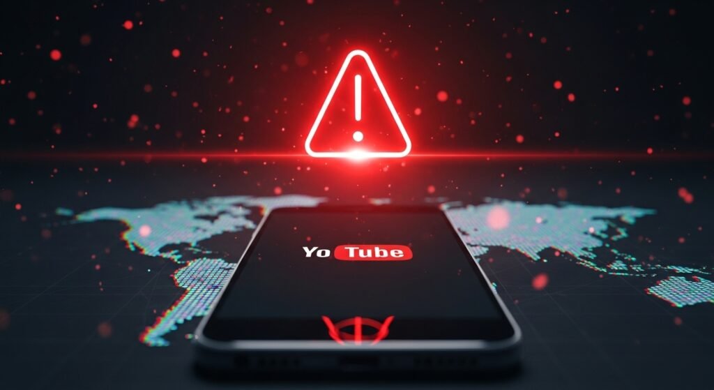 Celular com tela do YouTube exibindo alerta de erro, com símbolo de aviso vermelho e mapa-múndi digital ao fundo, representando falha global na plataforma.