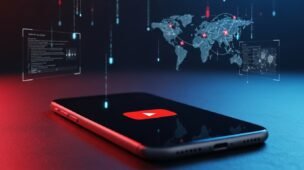 Celular com tela do YouTube em preto após queda global, com mapa digital ao fundo simbolizando instabilidade na plataforma de vídeos.