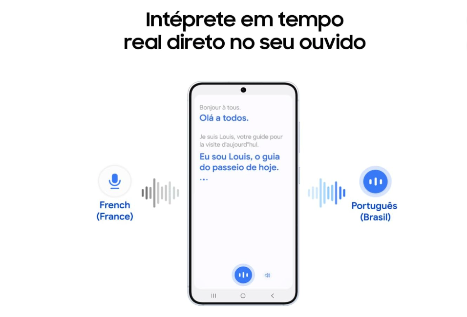 Smartphone exibindo tradução em tempo real de francês para português com Galaxy Buds Core, indicando intérprete ao vivo direto no ouvido.