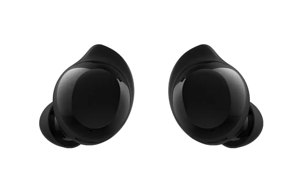 Par de fones de ouvido sem fio Samsung Galaxy Buds Core pretos vistos de frente, com design compacto e acabamento brilhante.